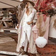 Load image into Gallery viewer, Peacock pink Floral Print, bohemian robe ,Boho Maxi Kimono