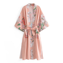 Load image into Gallery viewer, Peacock pink Floral Print, bohemian robe ,Boho Maxi Kimono