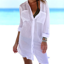 Load image into Gallery viewer, White Pocket ,Bohemian Mini Dress ,Boho Shirt Dress