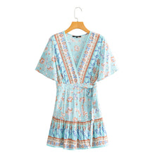 Load image into Gallery viewer, Light Blue Floral ,Bohemian Mini Dress,Boho Dress