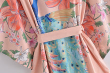 Load image into Gallery viewer, Peacock pink Floral Print, bohemian robe ,Boho Maxi Kimono