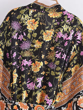 Load image into Gallery viewer, Black Floral Print ,Bohemian Kimono Robe ,Boho Bikini Cover-ups