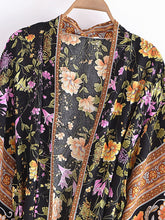 Load image into Gallery viewer, Black Floral Print ,Bohemian Kimono Robe ,Boho Bikini Cover-ups