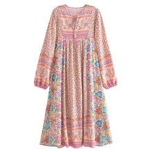 Load image into Gallery viewer, Pink Floral Print  Bohemian Midi Dress ,Boho Robe