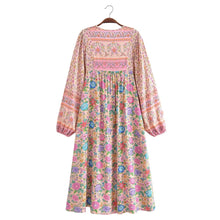 Load image into Gallery viewer, Pink Floral Print  Bohemian Midi Dress ,Boho Robe