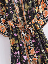 Load image into Gallery viewer, Black Floral Print ,Bohemian Kimono Robe ,Boho Bikini Cover-ups