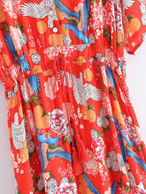 Load image into Gallery viewer, Red Floral Print, Beach Bohemian Dress,Maxi Boho Dress