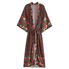 Load image into Gallery viewer, Black Floral Bohemian Kimono ,Boho Robe ,Bikini Cover-ups
