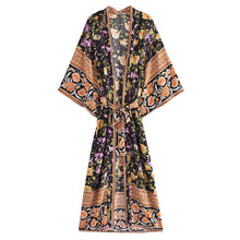 Load image into Gallery viewer, Black Floral Print ,Bohemian Kimono Robe ,Boho Bikini Cover-ups