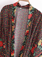 Load image into Gallery viewer, Black Floral Bohemian Kimono ,Boho Robe ,Bikini Cover-ups
