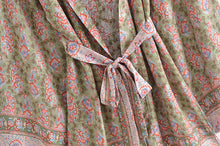 Load image into Gallery viewer, Green Floral Boho Kimono, Bohemian Bikini Cover-up