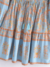 Load image into Gallery viewer, Blue Floral Print Bohemian Mini Dress , Rayon Boho Dress