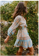 Load image into Gallery viewer, Blue Floral Print Bohemian Mini Dress , Rayon Boho Dress