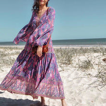 Load image into Gallery viewer, Purple Floral Print,Bohemian Maxi Dress,Boho Dress