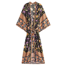 Load image into Gallery viewer, Black Floral Print ,Bohemian Kimono Robe ,Boho Bikini Cover-ups
