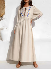 Load image into Gallery viewer, Linen Cotton,Wild Floral Embroidery , Lace-up Tassel Maxi Boho Dress
