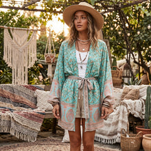 Load image into Gallery viewer, Green Floral Print ,Bohemian Robe,Boho Kimono
