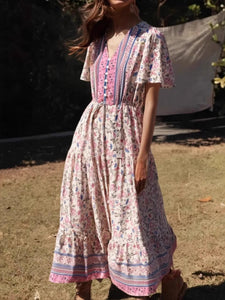 Green Floral Print ,Bohemian Maxi Dresses,Boho Dress