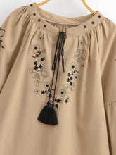 Load image into Gallery viewer, Retro Floral Embroidered ,Linen Cotton Blouse ,Lace-up Tassel Boho Shirts
