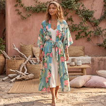 Load image into Gallery viewer, Boho Green Crane &amp; Floral Print Kimono | Rayon Beach Cover-up &amp; Robe
