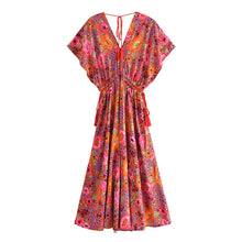 Load image into Gallery viewer, Red Floral  Bohemian Maxi Dress，Rayon Cotton Beach Boho Dress
