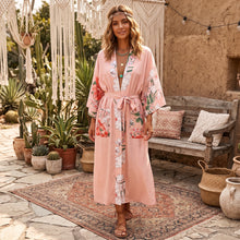 Load image into Gallery viewer, Peacock pink Floral Print, bohemian robe ,Boho Maxi Kimono
