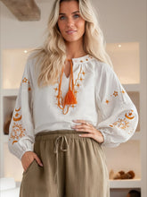 Load image into Gallery viewer, Star Moon Embroidery, Linen Cotton Blouse,Lace-up Tassel Boho Shirts
