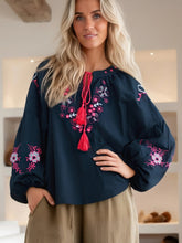 Load image into Gallery viewer, Wild Floral Embroidery ,Linen Cotton Shirts, Lace-up Tassel Boho Blusas
