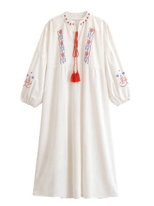 Retro Floral Emberoidery ,Lantern Sleeve Maxi Dress, Boho Dress