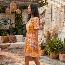 Load image into Gallery viewer, Yellow Floral Print ,Bohemian Mini Dress, Boho Dress
