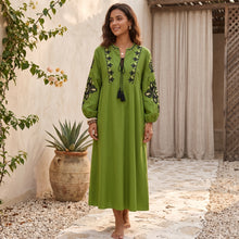 Load image into Gallery viewer, Floral Emberoidery ,Bohemian Maxi Dress ,Linen Cotton Dress
