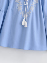 Load image into Gallery viewer, Wild Floral Embroidery ,Linen Cotton Shirts, Lace-up Tassel Boho Blusas
