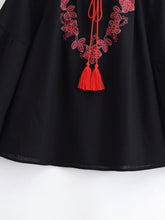 Load image into Gallery viewer, Wild Floral Embroidery ,Linen Cotton Shirts, Lace-up Tassel Boho Blusas
