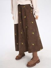 Load image into Gallery viewer, Retro Brown Corduroy Skirt , Embroidery Floral Midi Skirt
