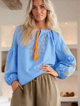 Load image into Gallery viewer, Star Moon Embroidery, Linen Cotton Blouse,Lace-up Tassel Boho Shirts
