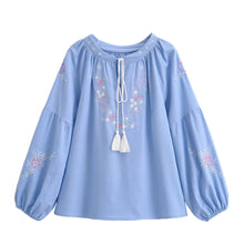 Load image into Gallery viewer, Retro Floral Embroidered ,Linen Cotton Blouse ,Lace-up Tassel Boho Shirts

