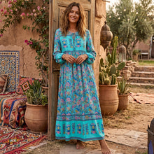 Load image into Gallery viewer, Peacock Green Floral ,Beach Bohemian Maxi Dress,Holiday Boho Dress
