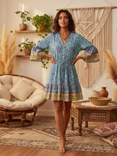 Load image into Gallery viewer, Blue Floral Print, Bohemian Mini Dress, Beach Boho Dress
