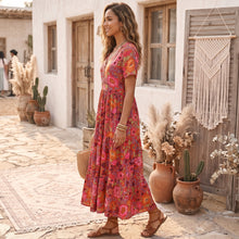 Load image into Gallery viewer, Red Floral Print,Bohemian Maxi Sundress,Boho Dress
