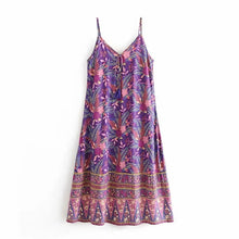 Load image into Gallery viewer, Purple Floral Print,Bohemian Strap Dress,Boho Midi Dress
