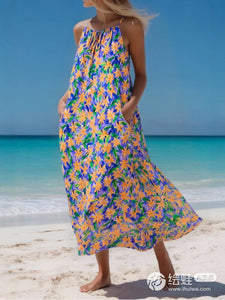 Floral Print, Backless Sexy Maxi Dress,Boho Dress with Pockets