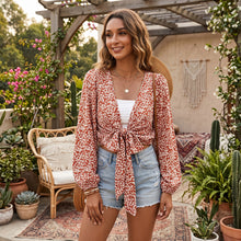 Load image into Gallery viewer, Rust Red Daisy Floral Tie-Front Crop Top - Boho Blouse
