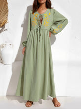 Load image into Gallery viewer, Linen Cotton,Wild Floral Embroidery , Lace-up Tassel Maxi Boho Dress

