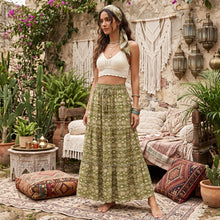 Load image into Gallery viewer, Olive Geometric Tiered Boho Maxi Skirt - Elastic Long Skirt
