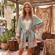 Load image into Gallery viewer, Green Floral Kimono,Beach Boho Bikini Cover-up
