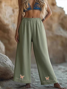 Floral Butterfly Embroidery ,Bohemian Wide Leg Pants ,Boho Trousers