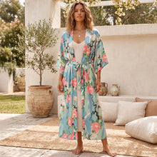 Load image into Gallery viewer, Boho Green Crane &amp; Floral Print Kimono | Rayon Beach Cover-up &amp; Robe
