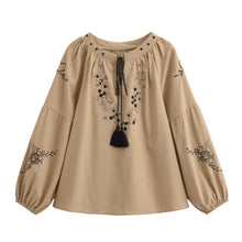 Load image into Gallery viewer, Retro Floral Embroidered ,Linen Cotton Blouse ,Lace-up Tassel Boho Shirts
