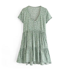Load image into Gallery viewer, Women’s Green Floral Boho Mini Dress - Sexy Deep V-Neck Rayon Beach Sundress
