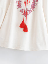 Load image into Gallery viewer, Wild Floral Embroidery ,Linen Cotton Shirts, Lace-up Tassel Boho Blusas

